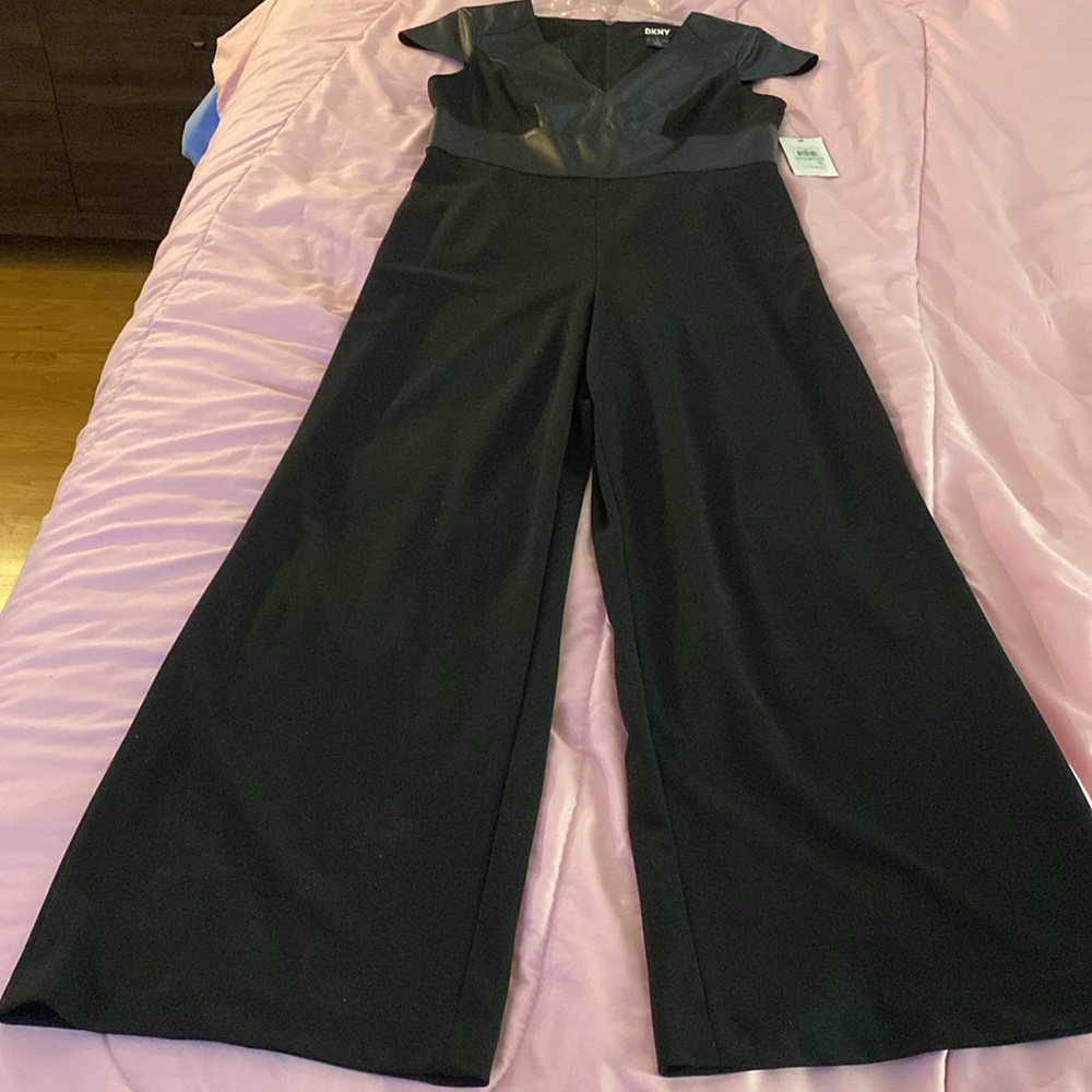 DKNY Jumpsuit in black w/faux leather inlay in the front & back